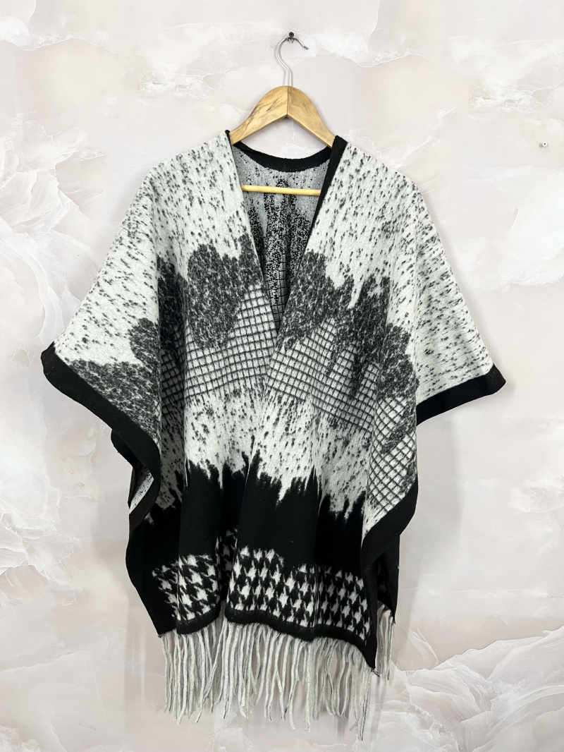 Grossiste LINETA - gilet poncho ouvert motif pied de poul