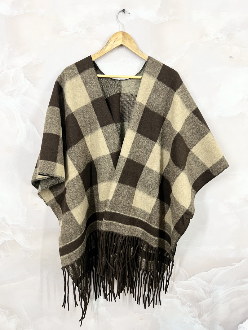 Grossiste LINETA - Gilet poncho ouvert à carreau ouvert