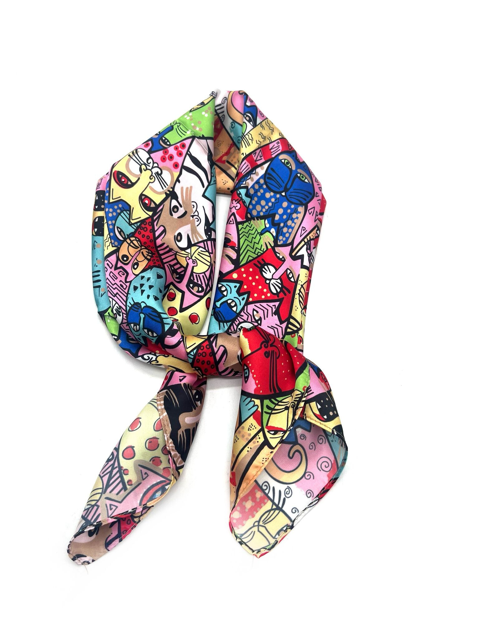 Großhändler LINETA - Mehrfarbige Katze 2 Schal Silk Touch 70x70