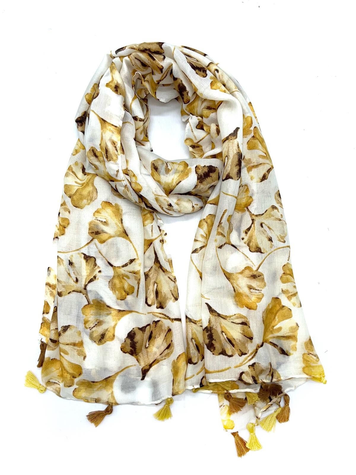 Wholesaler LINETA - LN-88 Gingko pattern printed scarf with Pompon