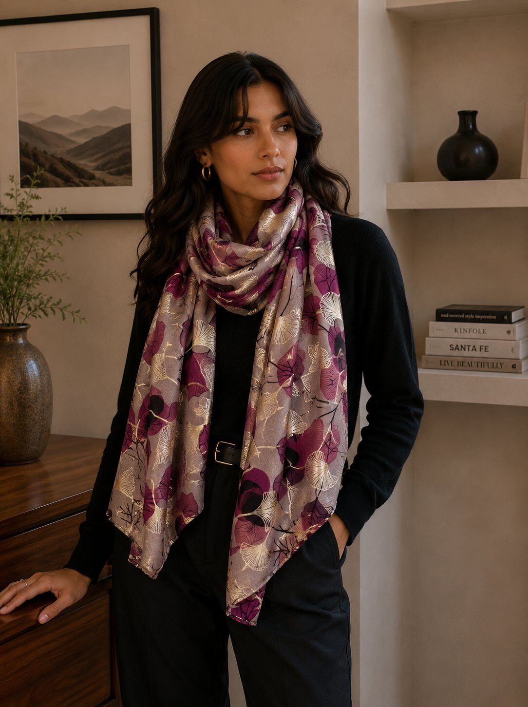 Mayorista LINETA - HH-324 Pañuelo con estampado de ginkgo