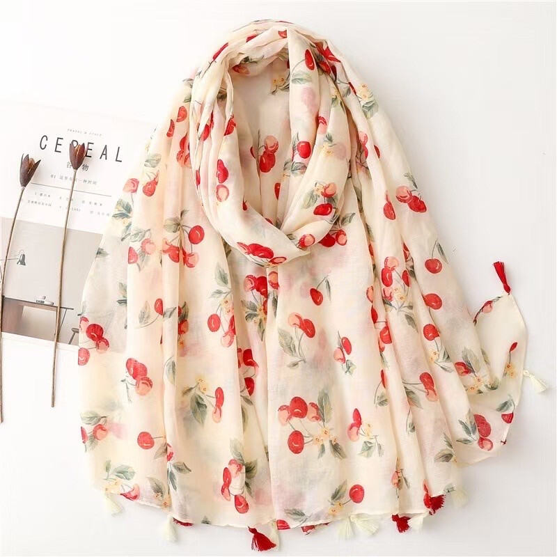 Mayorista LINETA - Ponpom Scarf Patrón de cerezo pequeño
