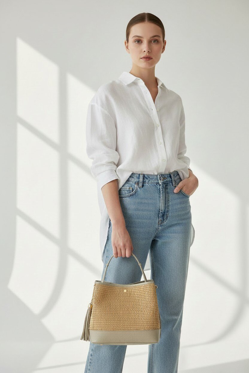 Mayorista LISA DEI - Bolso de mano de verano bimaterial de cuero genuino y rafia para mujer