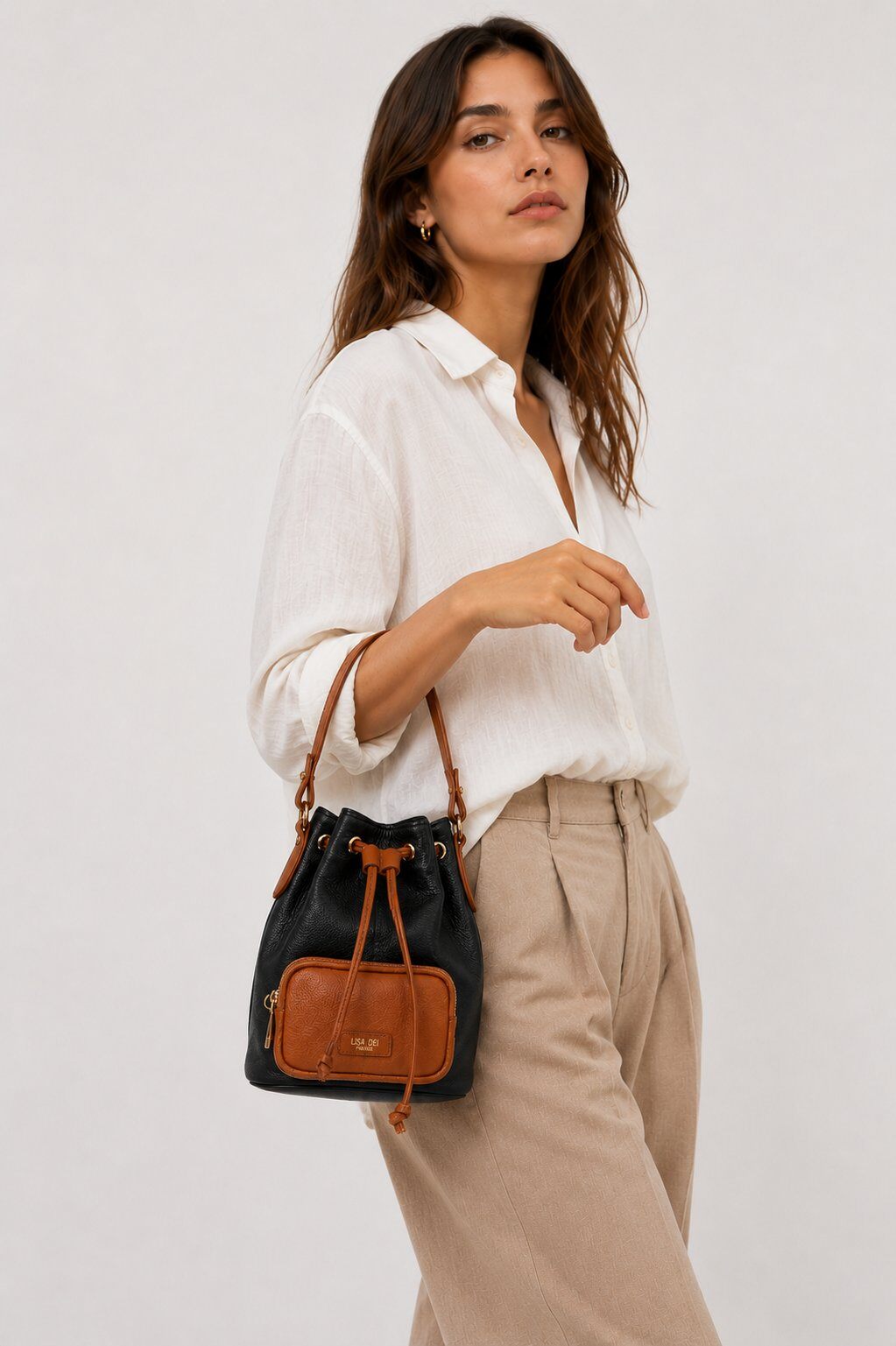 Mayorista LISA DEI - Bolso de mano tipo cubo LISA DEI FIRENZE en cuero auténtico bicolor para mujer