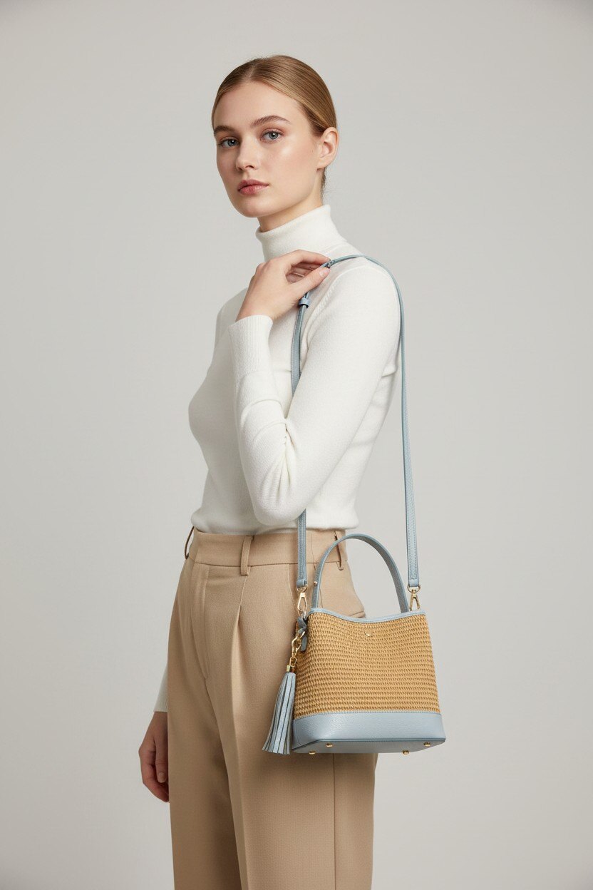 Wholesaler LISA DEI - Women's summer handbag in genuine leather and raffia