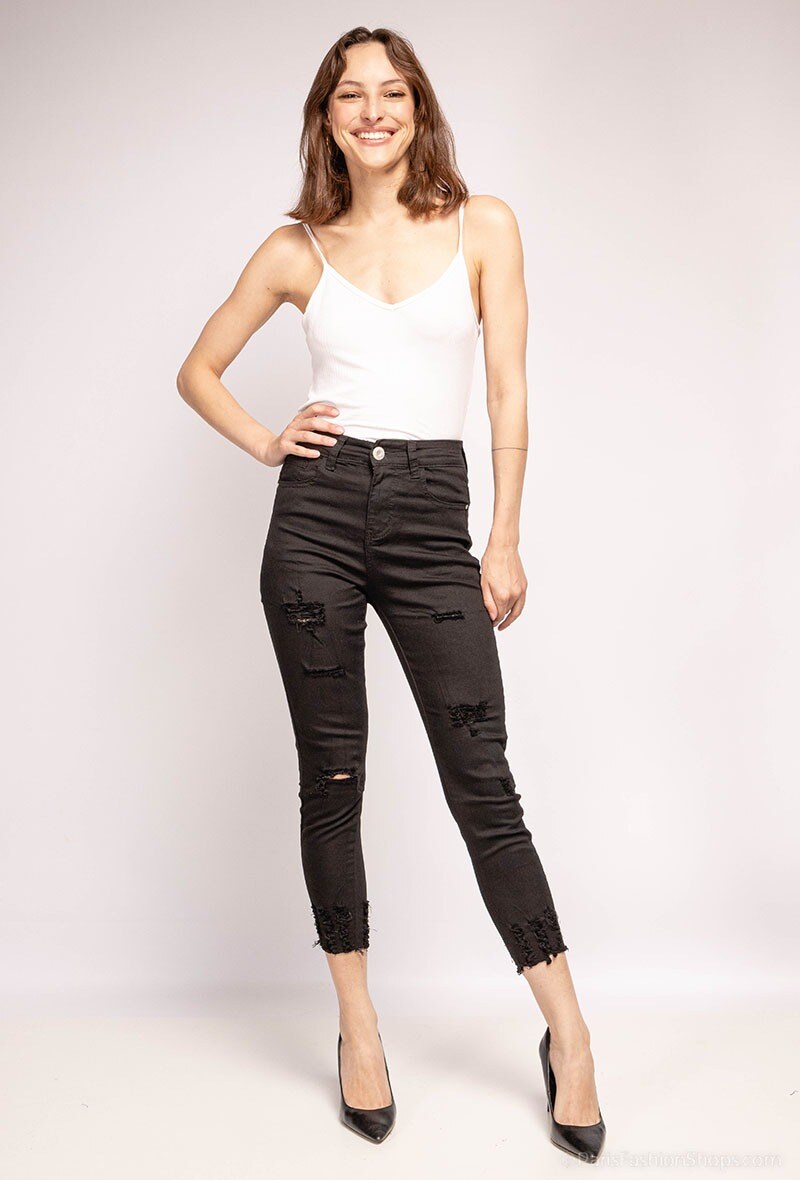 Grossiste LISA PARIS - Pantalon Taille Haute Stretch Déchiré noir 7/8 ème