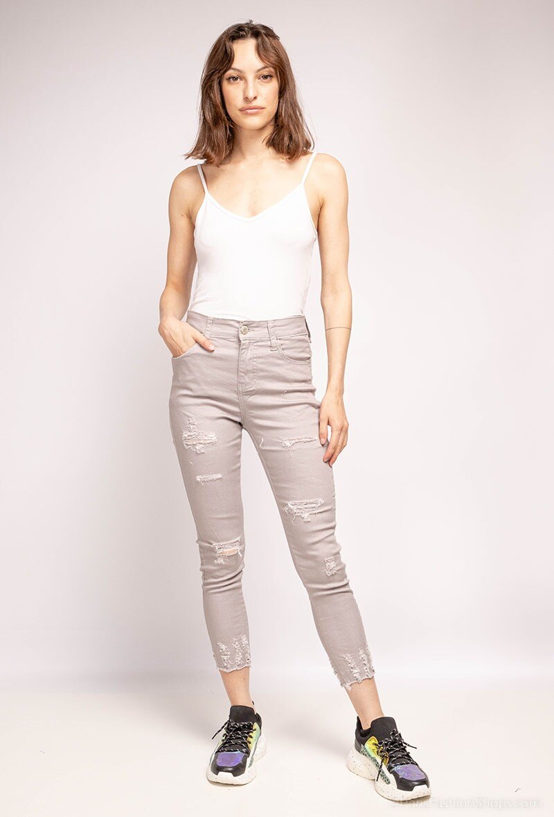 Grossiste LISA PARIS - Pantalon Taille Haute Stretch Déchiré Gris 7/8 ème