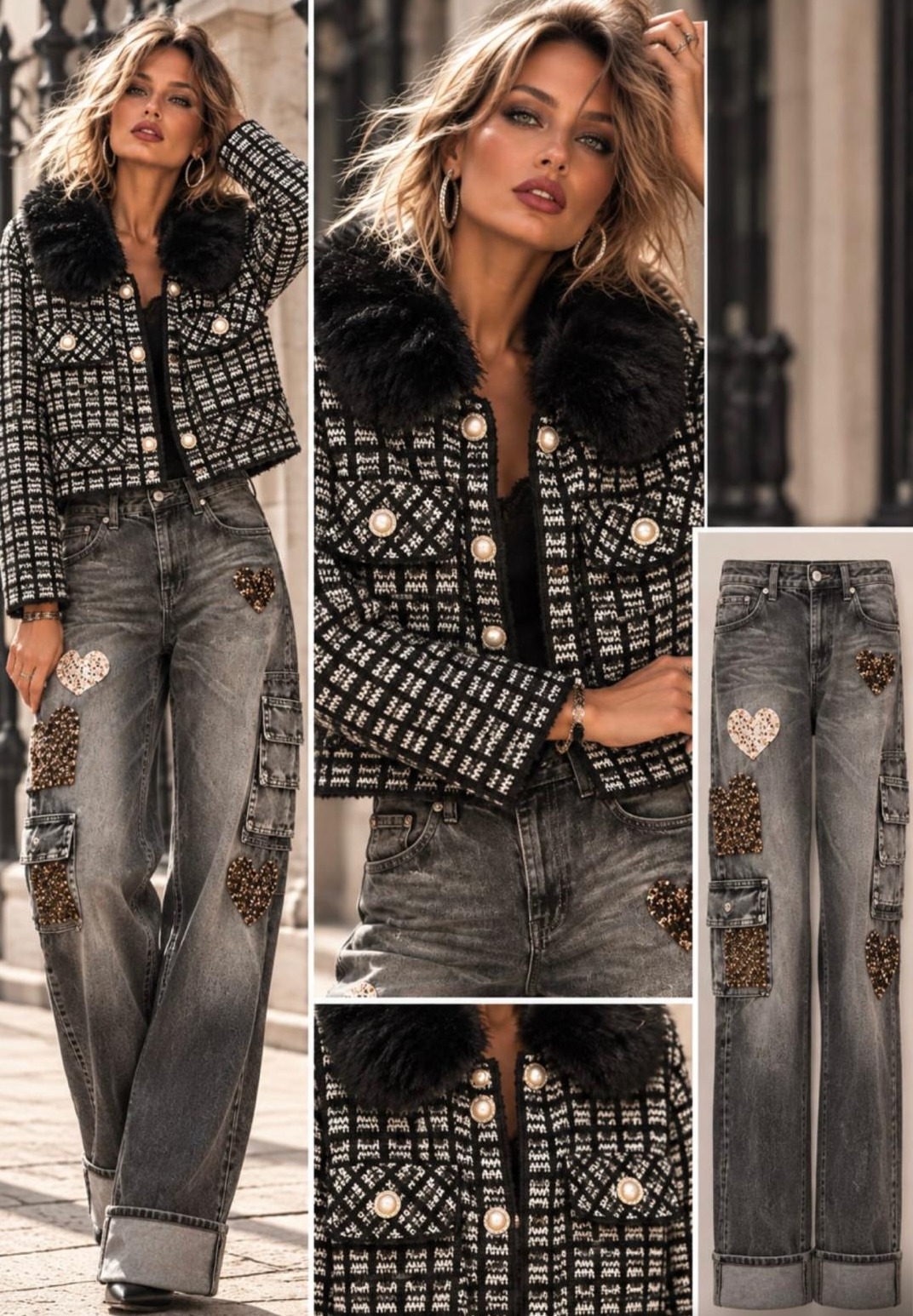 Wholesaler LM LULU Paris - MIDNIGHT HEART – WIDE CARGO JEANS WITH JEWEL HEARTS