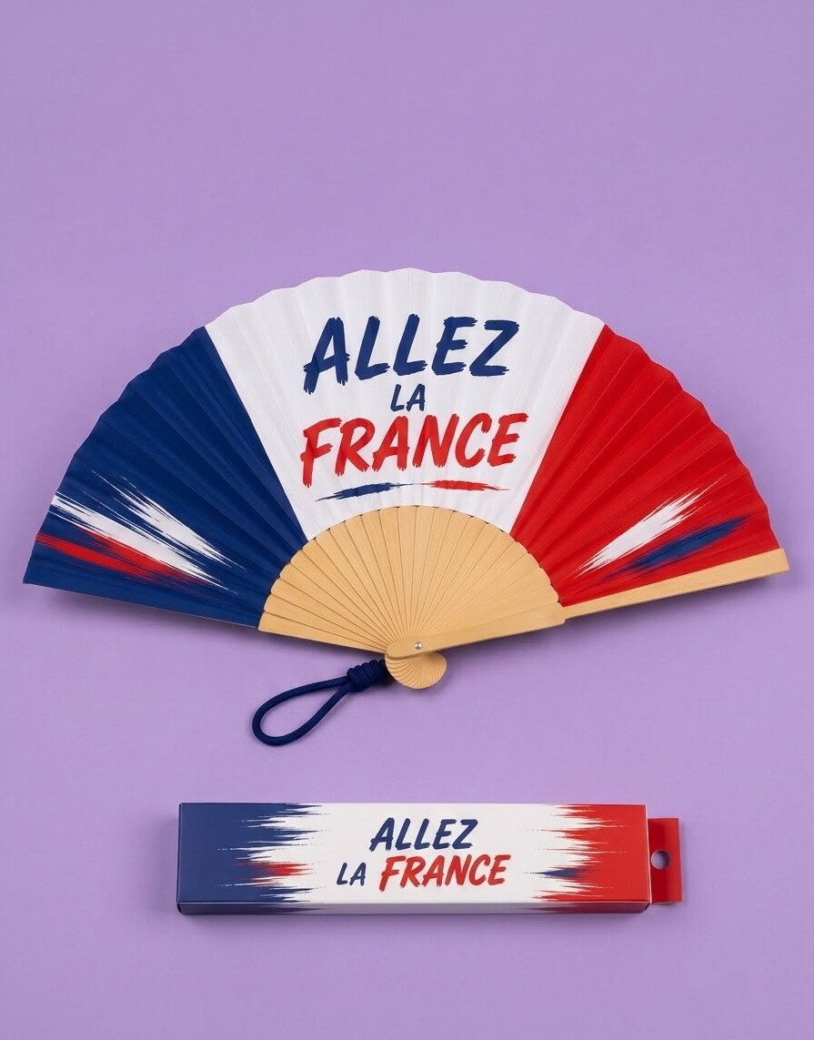 Grossista Lolilota - Set di 6 ventagli FORZA FRANCIA dello stesso modello. fornito con un laccetto da polso