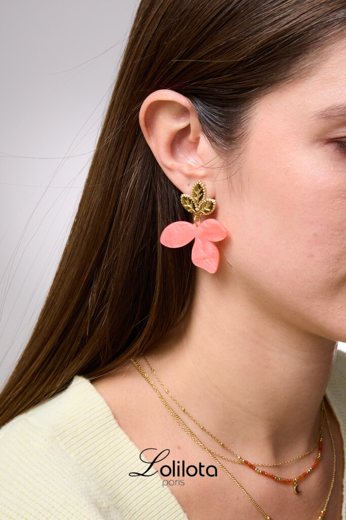 Wholesaler Lolilota - earring pendant leaves resin coral gold