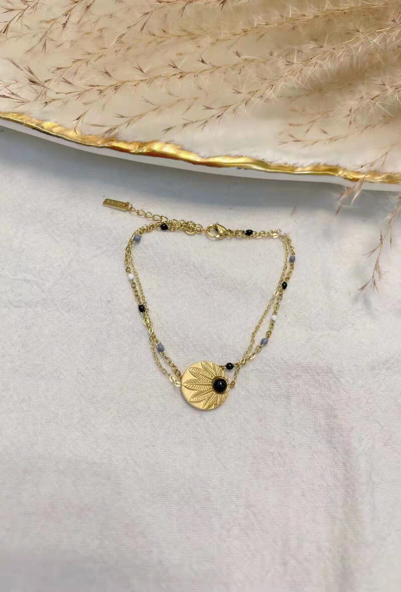 Wholesaler Lolilota - BRACELET DOUBLE ROW LEAVES STONES AND BEADS