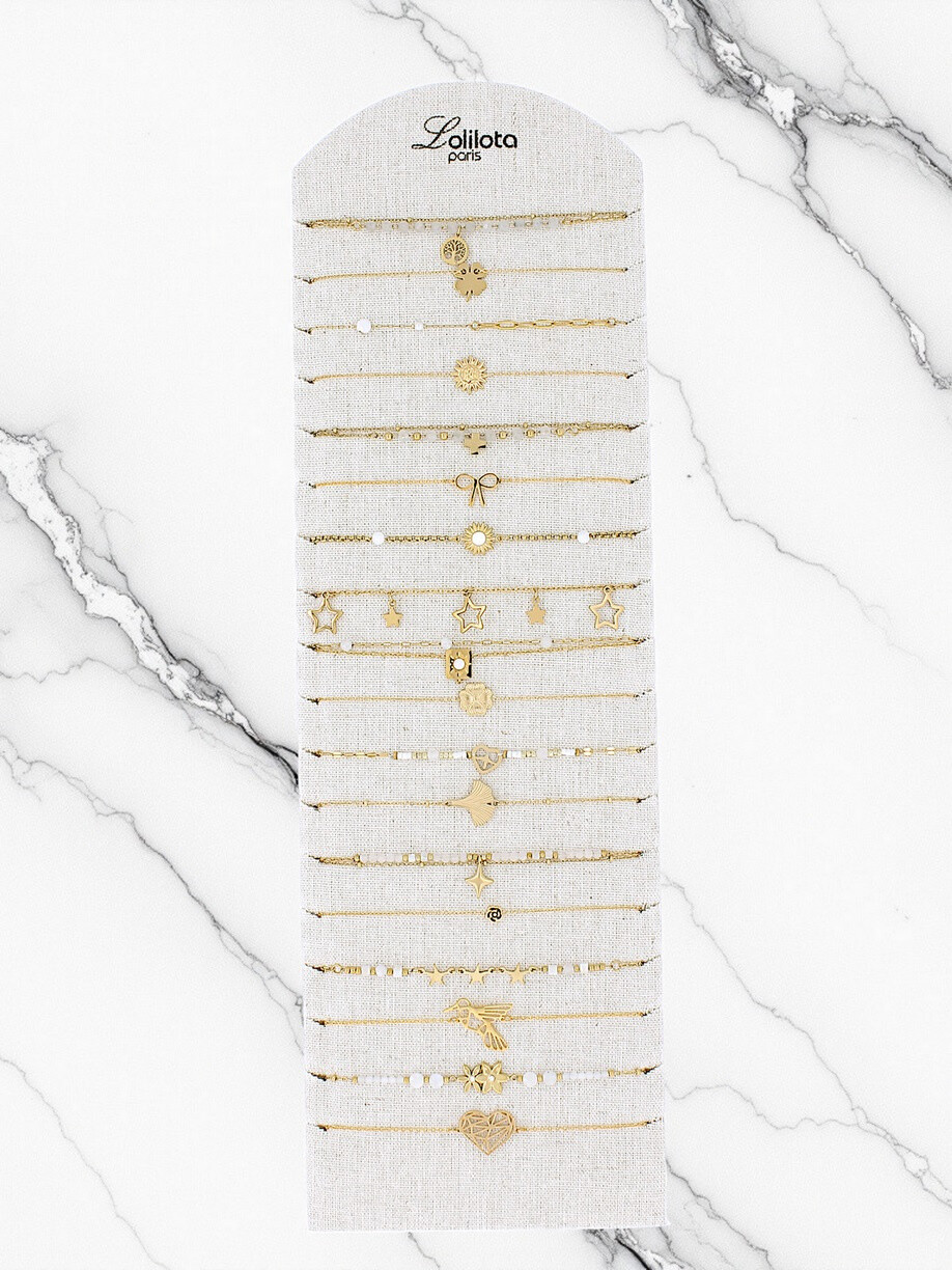 Mayorista Lolilota - Exhibición de 18 pulseras doradas blancas