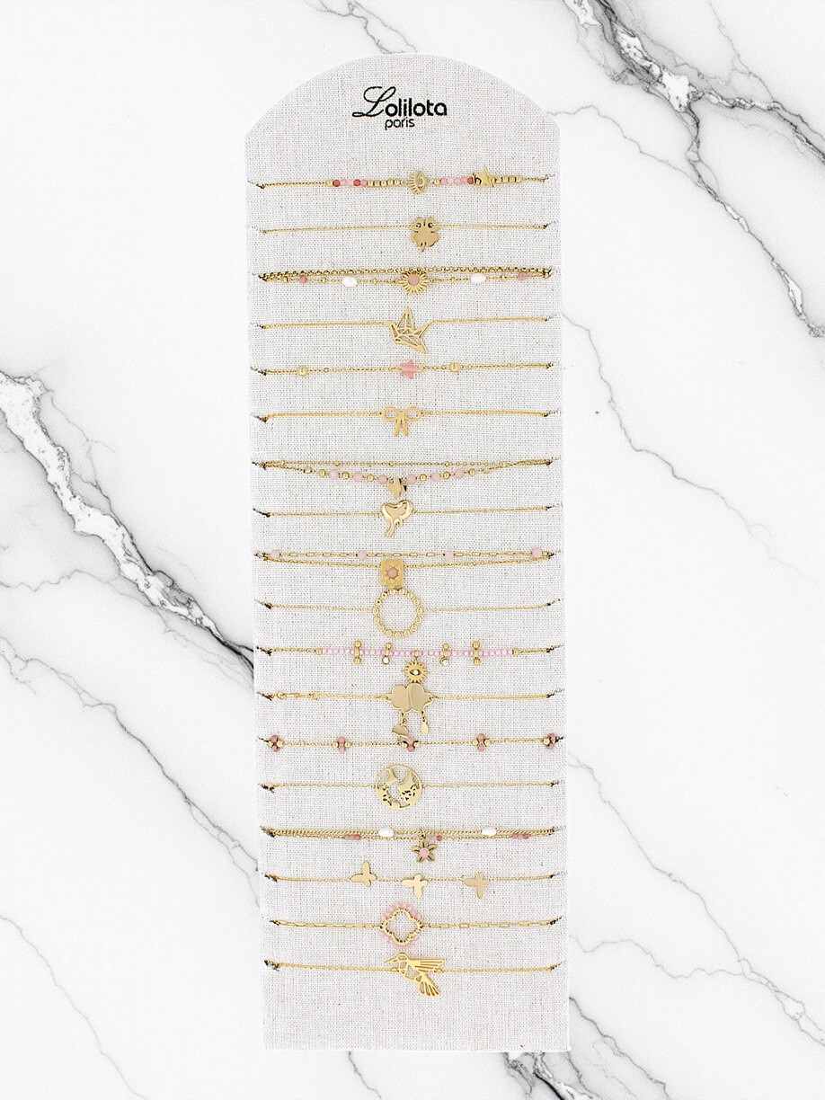 Mayorista Lolilota - Exhibición de 18 pulseras doradas rosas