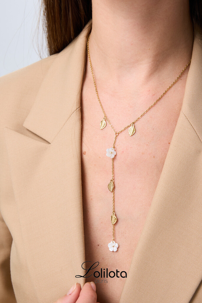 Wholesaler Lolilota - Steel leaf and mother-of-pearl Y necklace