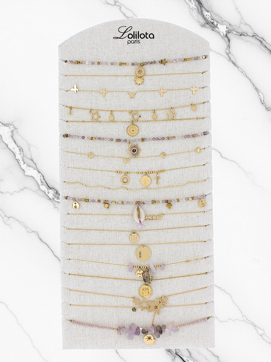 Wholesaler Lolilota - Display with 18 necklaces gold lavender
