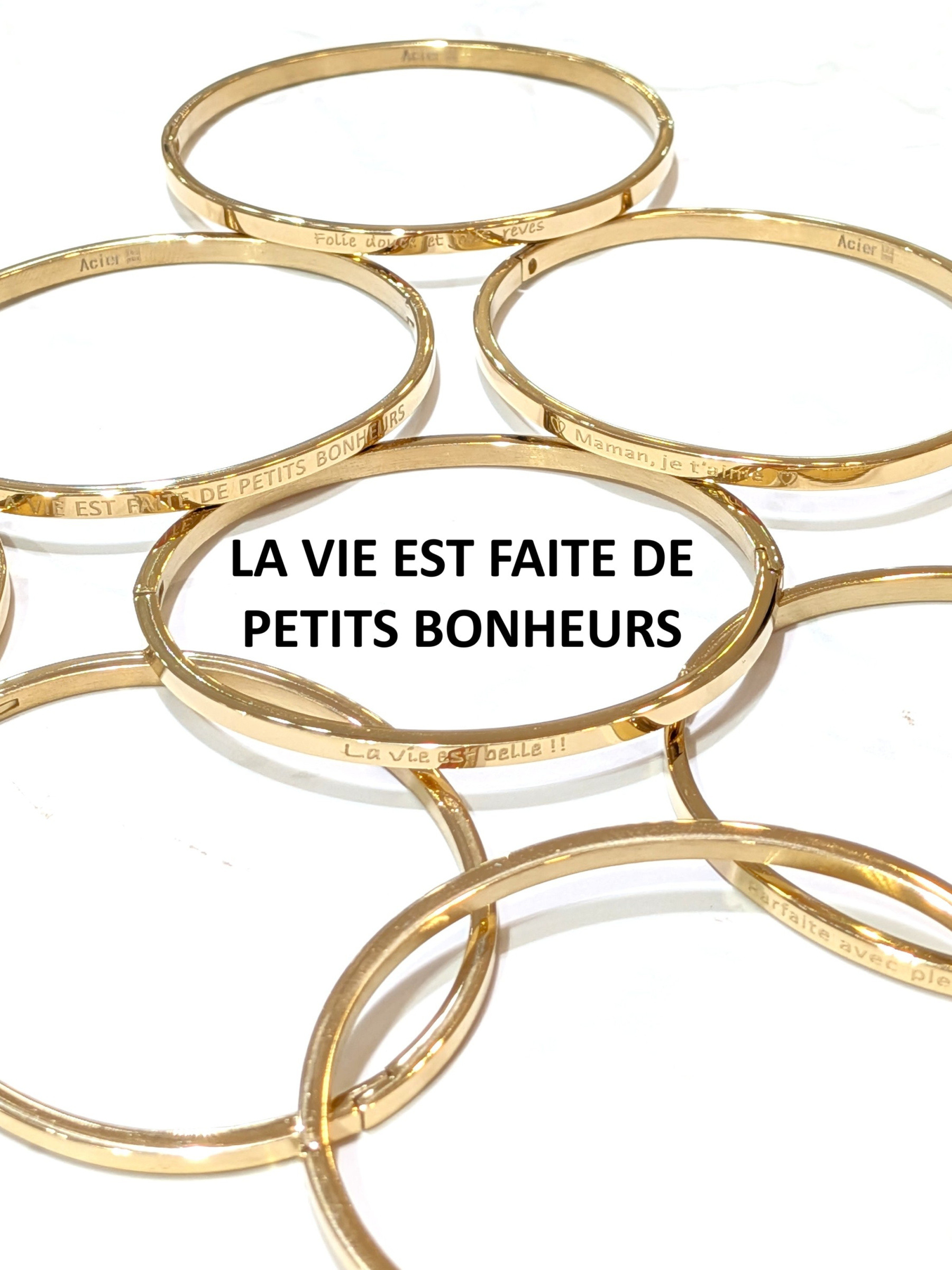 Wholesaler LOLO & YAYA - Bracelet message « LA VIE EST FAITE DE PETITS BONHEURS » en acier inoxydable