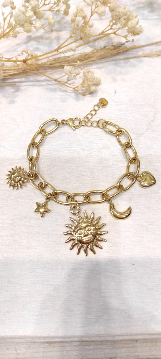 Mayorista Lolo & Yaya - Pulsera de malla con sol sonriente grande en acero inoxidable