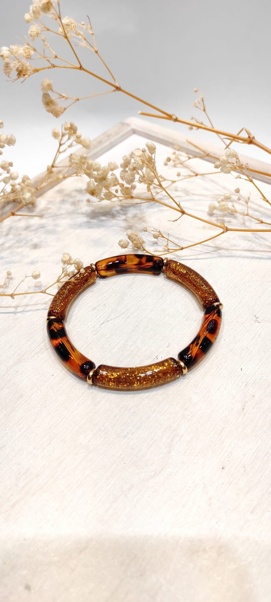 Wholesaler Lolo & Yaya - Mixed elastic leopard glitter bracelet 7mm Kecy resin and steel