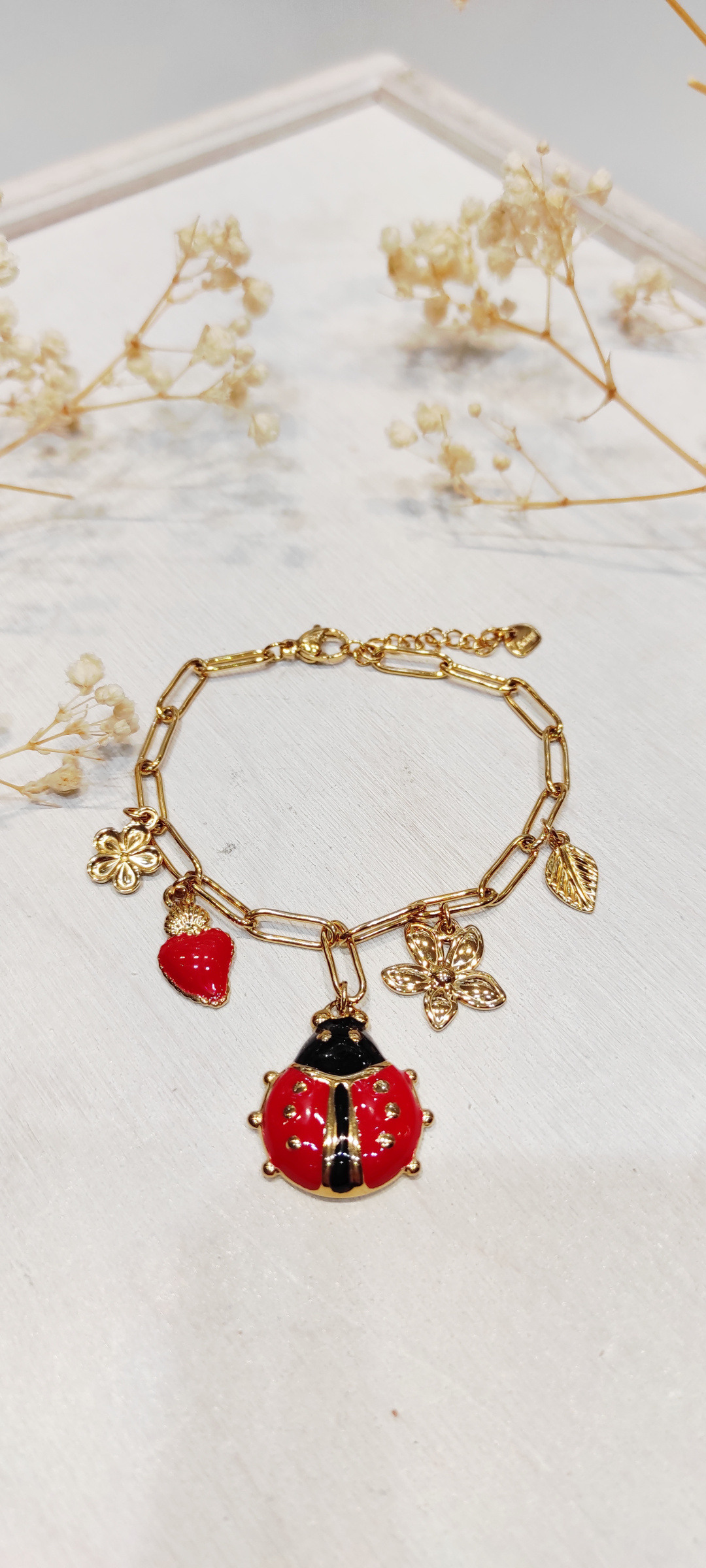 Mayorista LOLO & YAYA - Pulsera grande de tejer con carm Ladybug Poppy en acero inoxidable