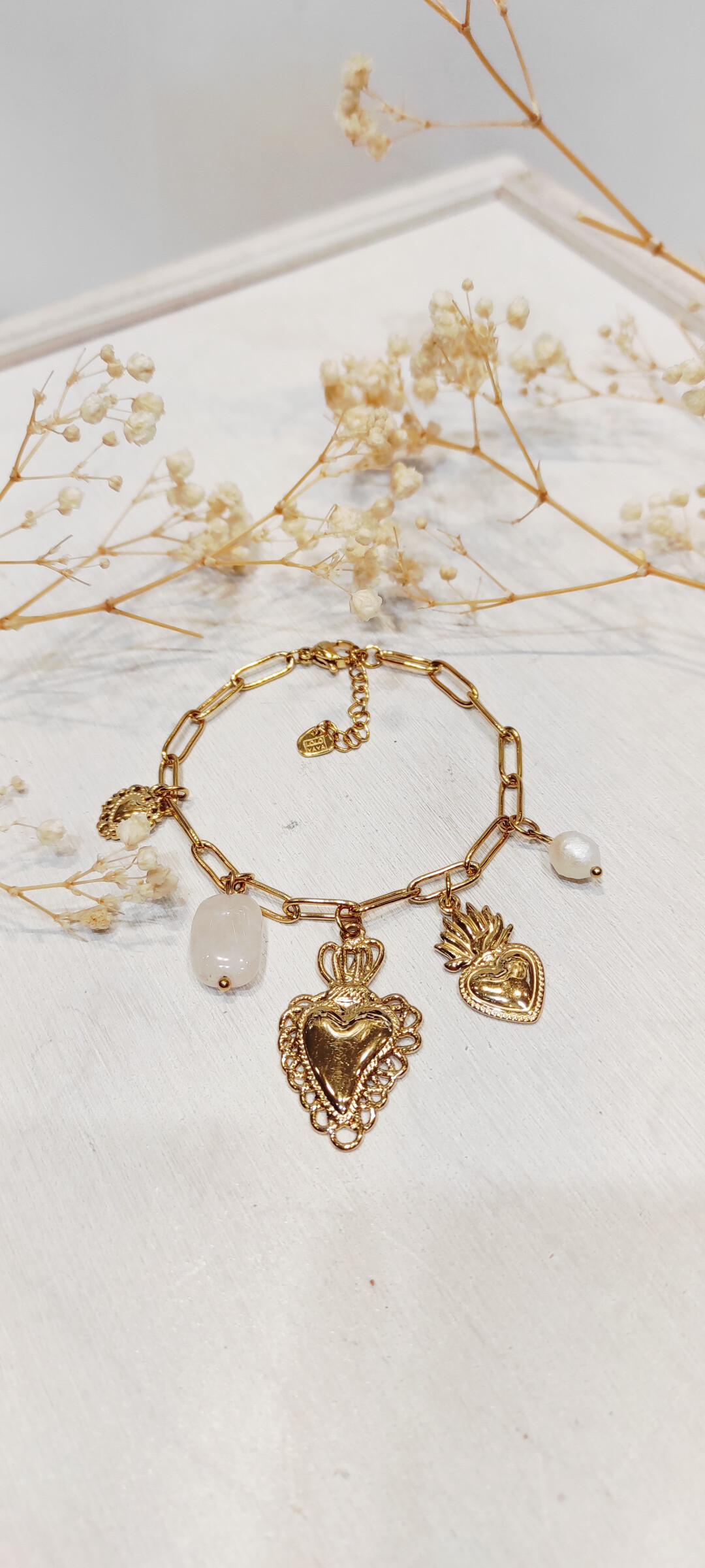 Grossista Lolo & Yaya - Bracciale grande a maglia con ciondoli a cuore e Sienna in acciaio inossidabile