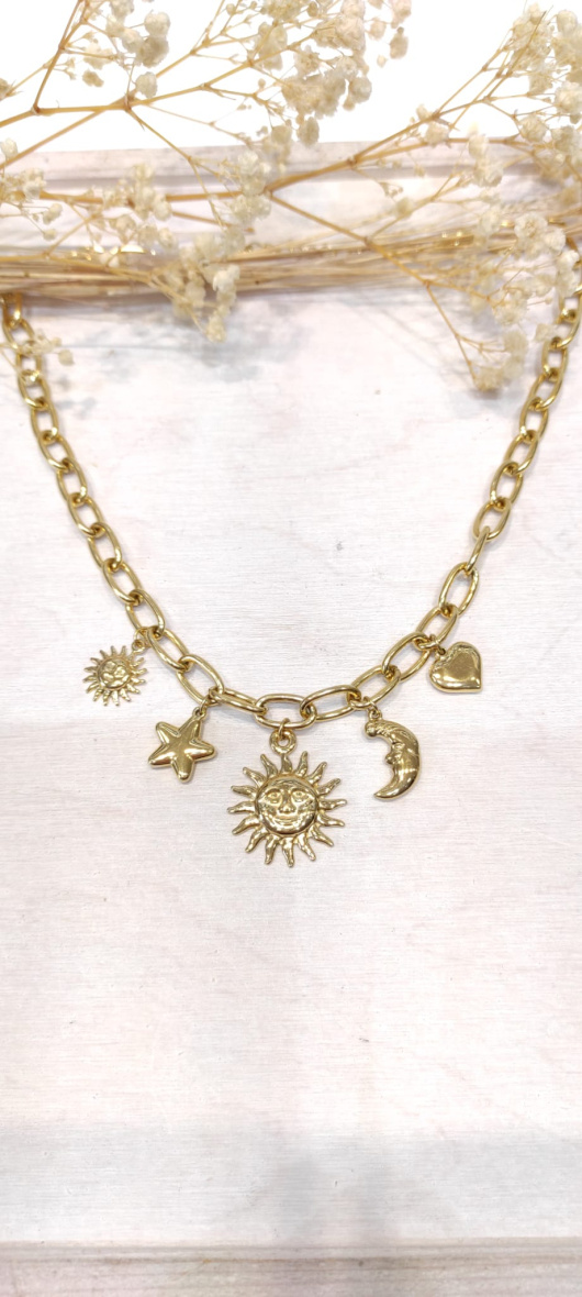 Mayorista Lolo & Yaya - Collar grande de malla con sol sonriente en acero inoxidable