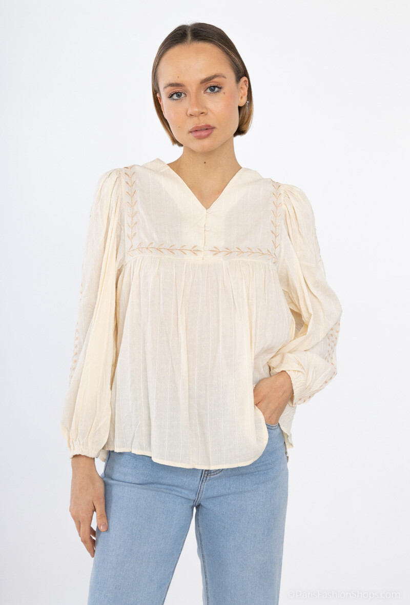 Großhändler Loriane - Einfarbige Boho-Bluse