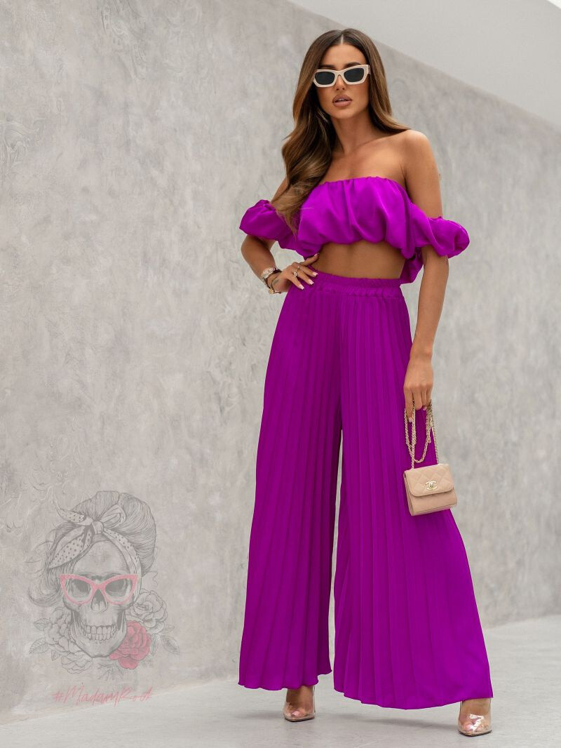 Grossiste Loriane - Ensemble uni crop top et pantalon large