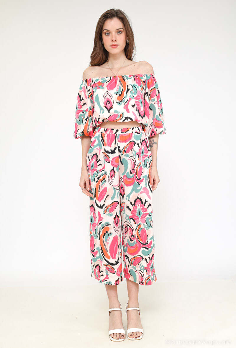 Grossista Loriane - Completo crop top e pantaloni stampati