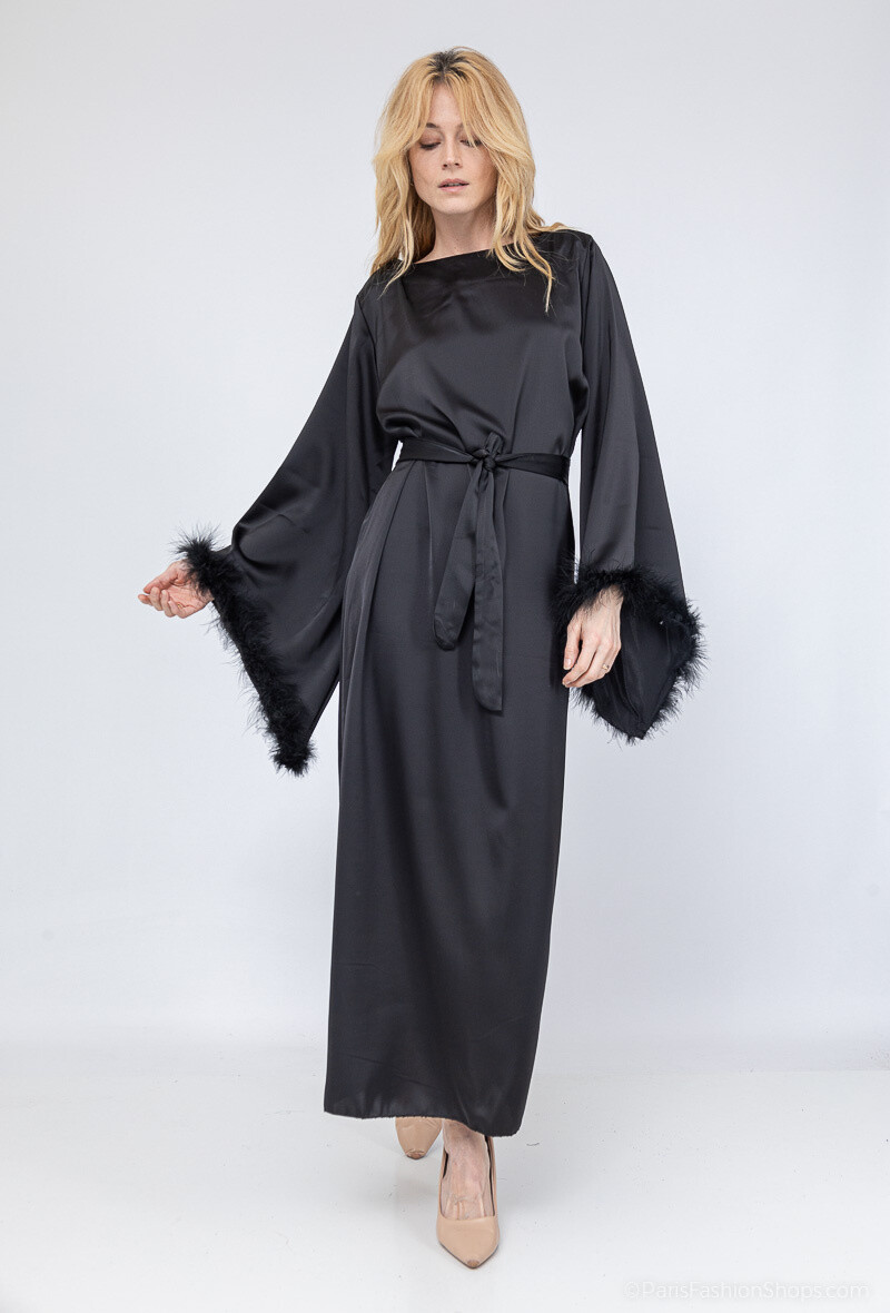 Wholesaler Loriane - Long Dress, Satin, Plain, Long Sleeves, Feathers