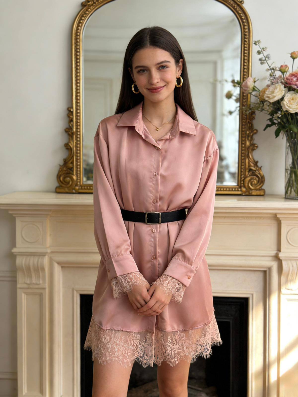 Großhändler Loriane - Kurzes Hemdkleid aus Satin in Uni