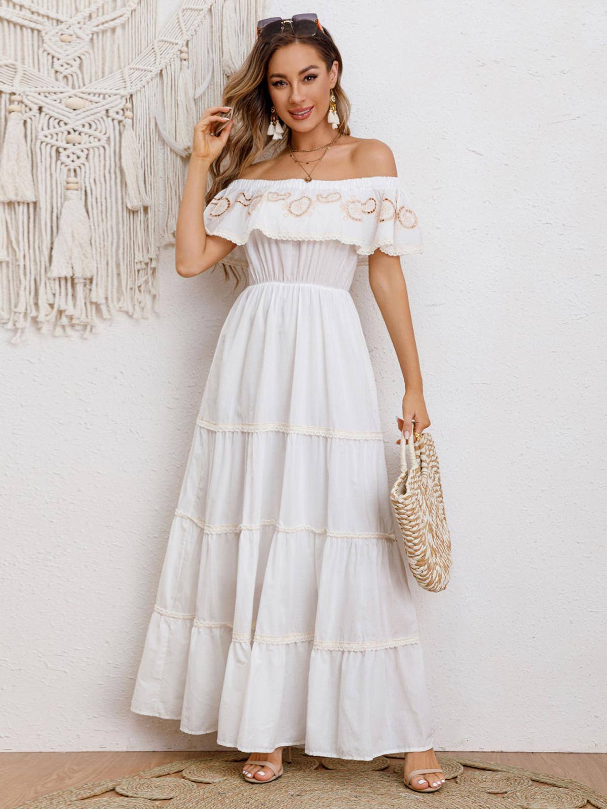 Großhändler Loriane - Langes besticktes Baumwollkleid