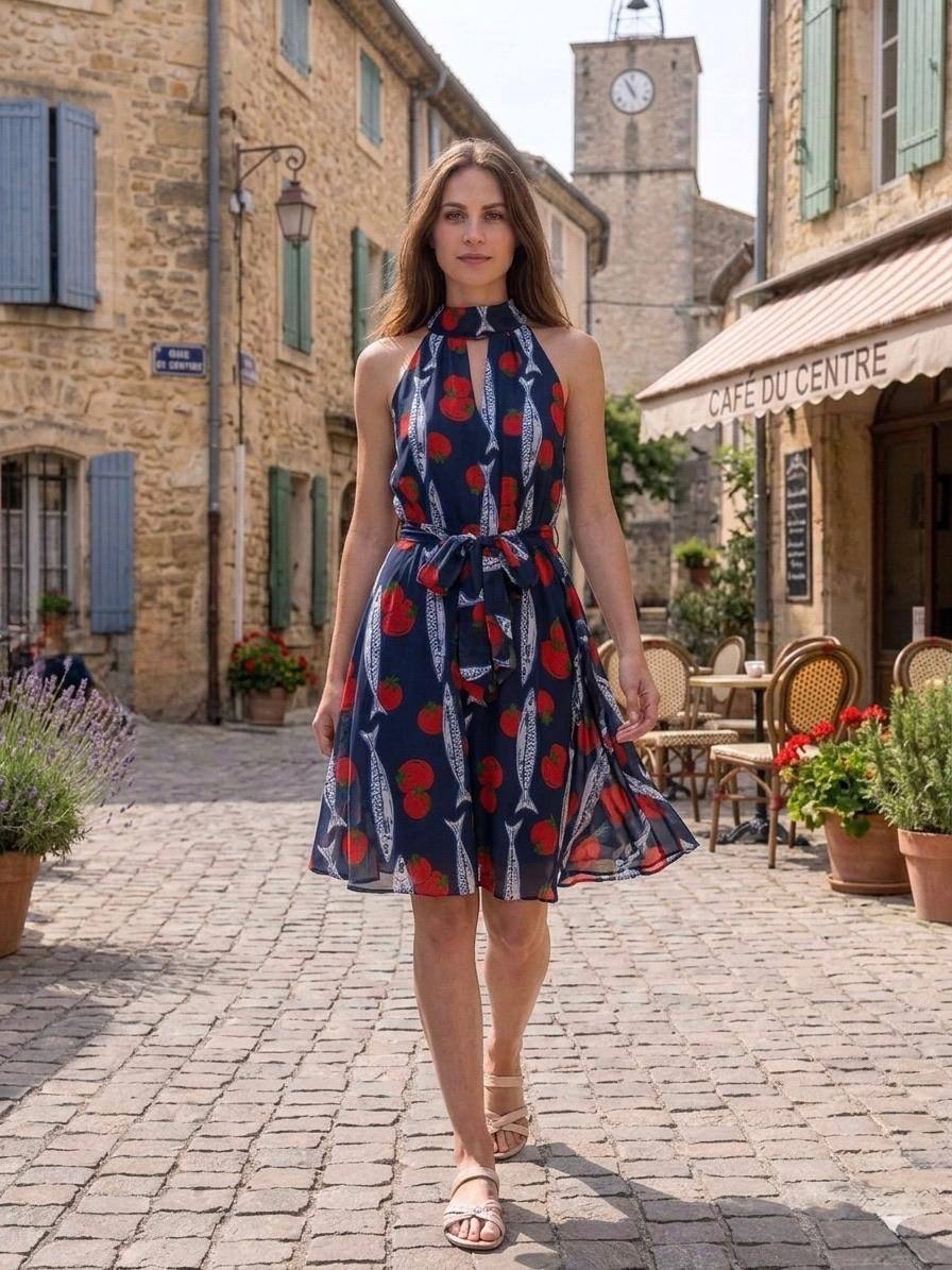 Mayorista Loriane - Vestido corto con estampado de tomates y sardinas
