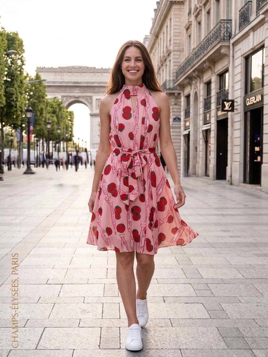 Short dress with tomato and sardine print