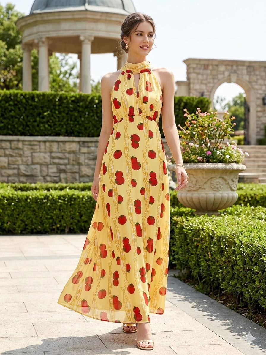 Mayorista Loriane - Vestido largo con estampado de tomates y sardinas
