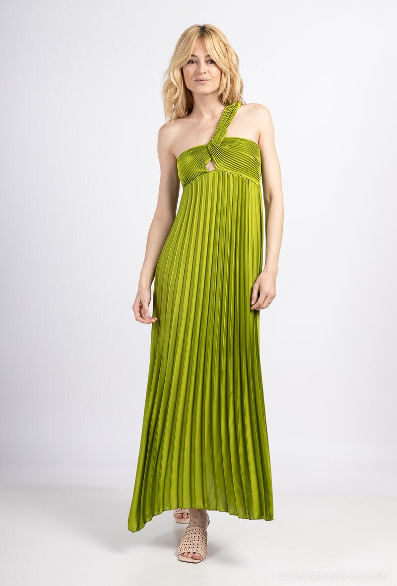 Grossista Loriane - Elegante abito lungo plissettato e satinato