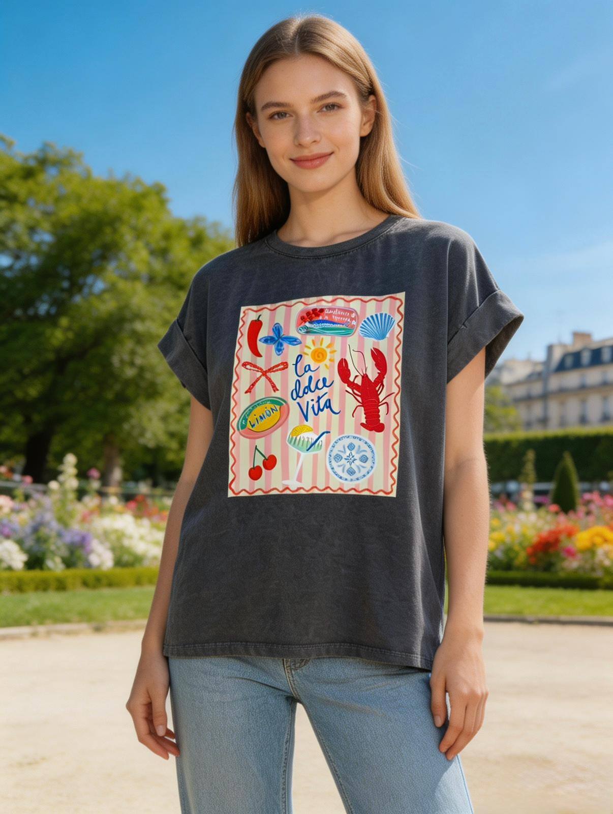 Mayorista Loriane - Camiseta lavada con estampado