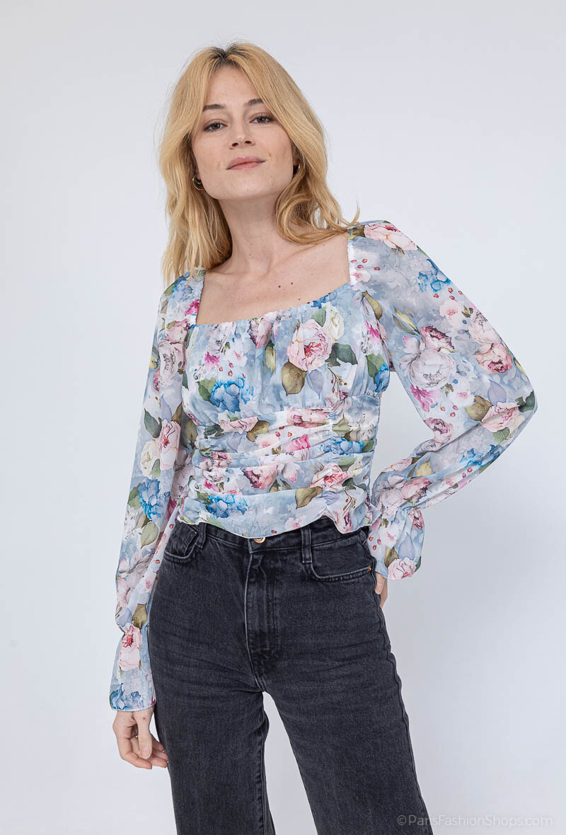 Grossiste Loriane - Crop-Top, Imprimé Fleuris, Manches Longues