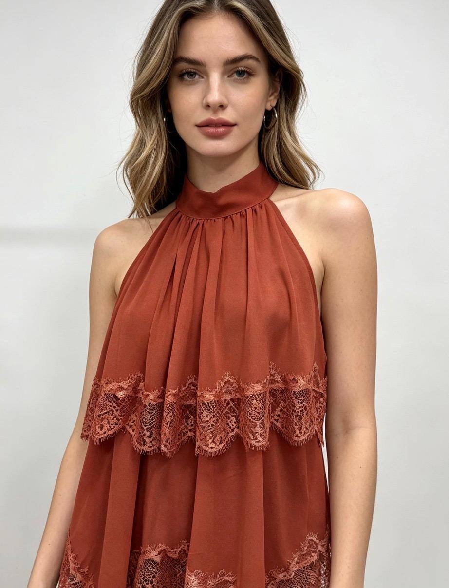 Grossista Loriane - Top tinta unita con pizzo e volant