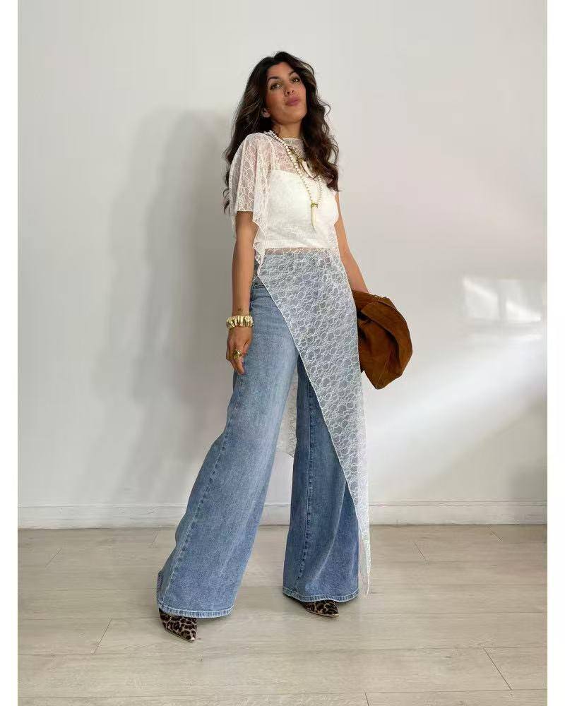 Grossista Loriane - Top lungo in pizzo con motivi floreali