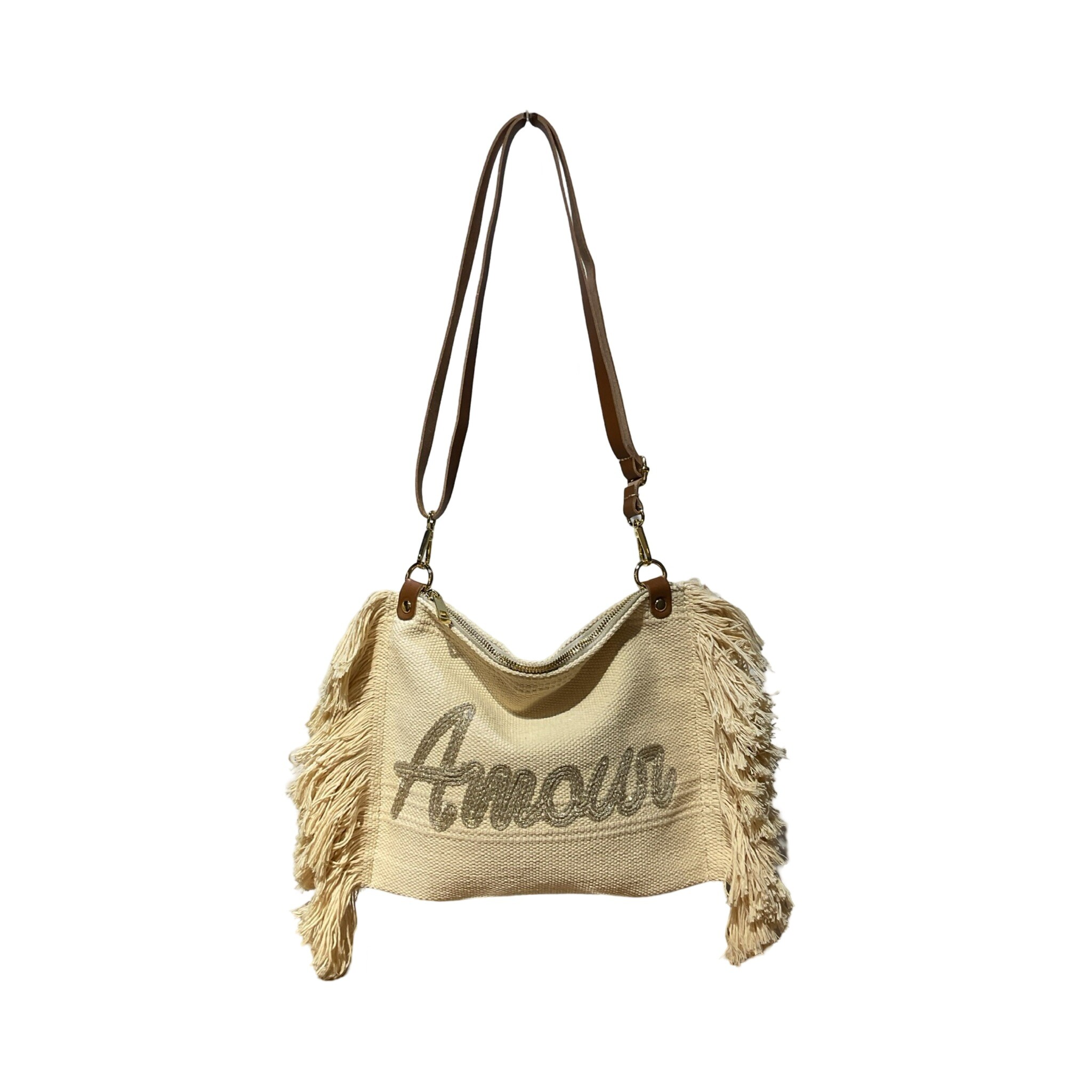 Wholesaler LOUISA LEE - COTTON SHOULDER BAG TRIMMED WITH LEATHER LOVE
