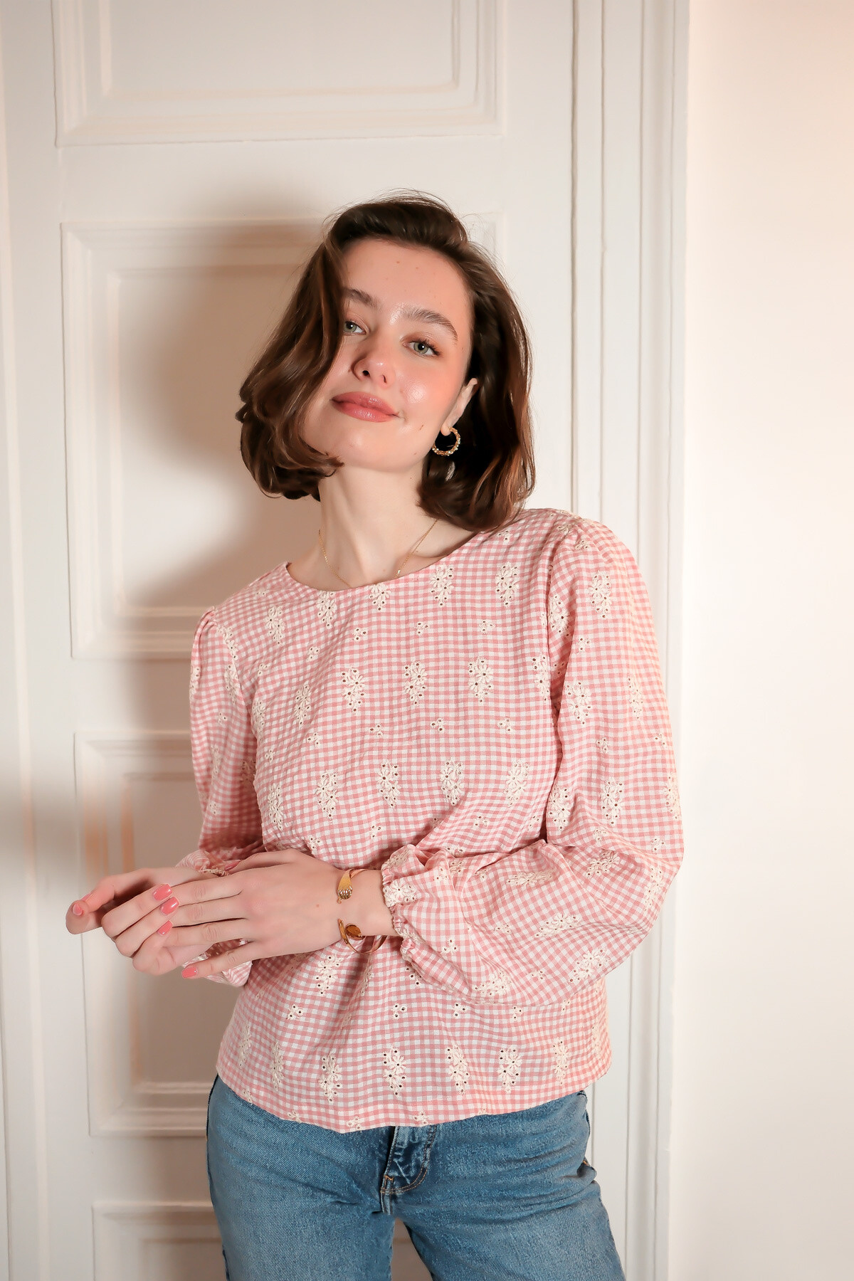 Wholesaler LOVIE & Co - LOVIE - Checkered Blouse with Back Buttons and Embroidery