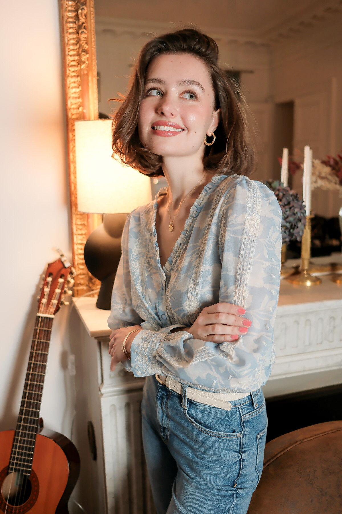 Wholesaler LOVIE & Co - LOVIE - V-Neck Floral Print Blouse with Embroidery Details