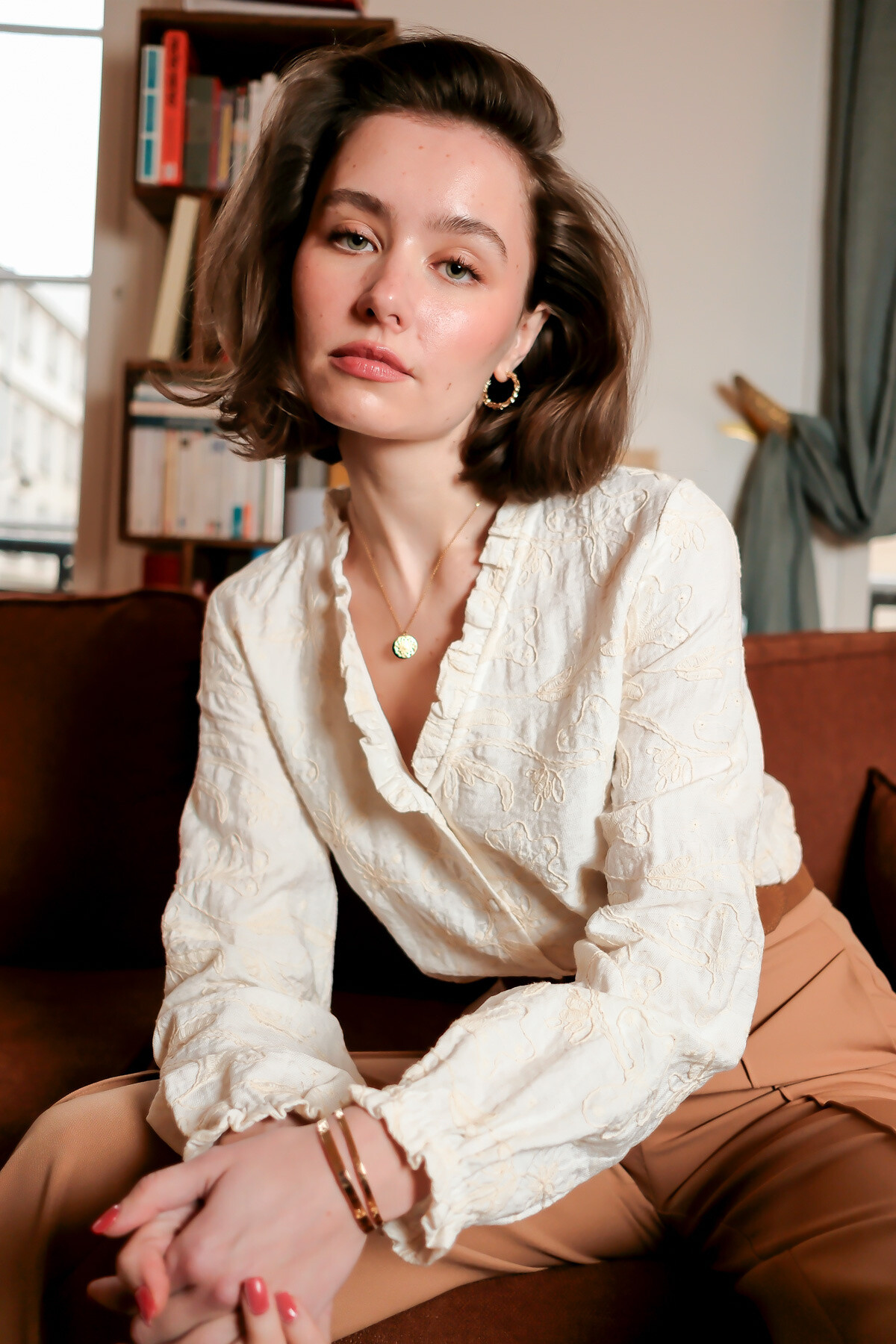 Wholesaler LOVIE & Co - LOVIE - Ruffled V-Neck Embroidered Blouse