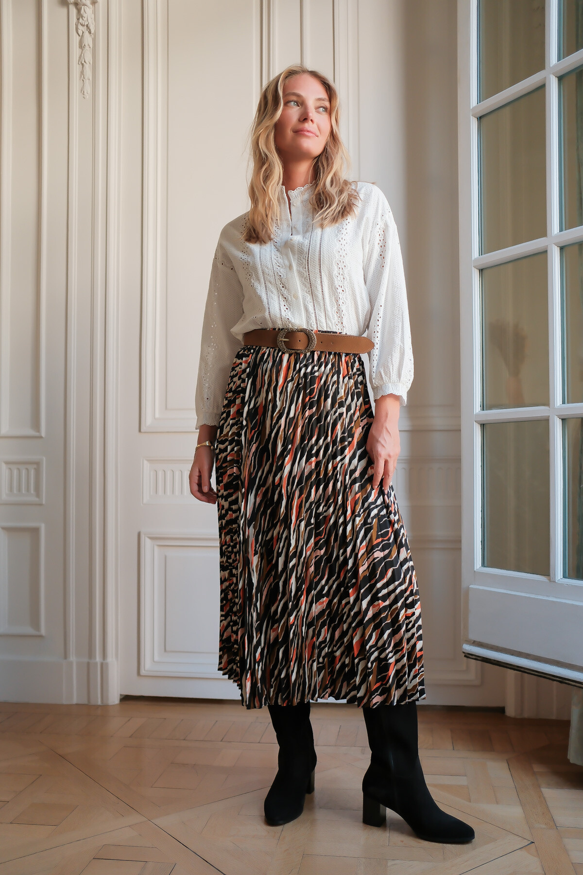 Wholesaler LOVIE & Co - LOVIE - Long tiger print pleated skirt