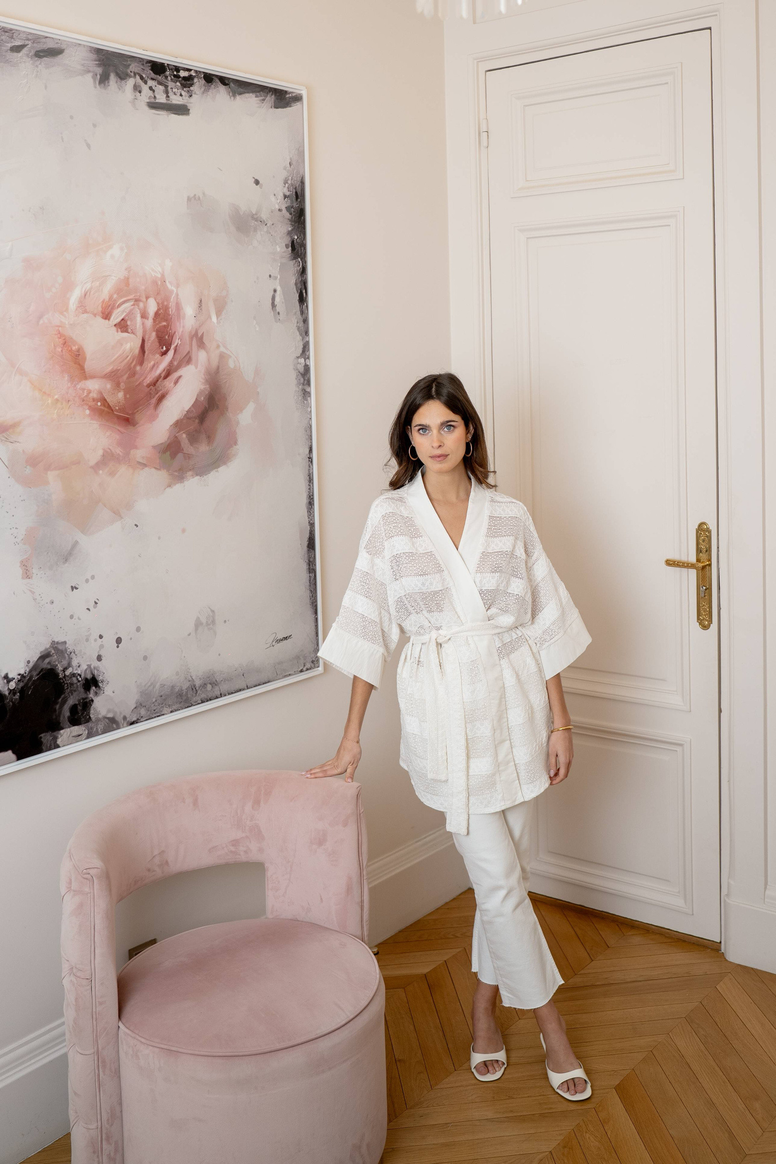 Grossiste LOVIE & Co - Gilet kimono en tissage ajouré à nouer