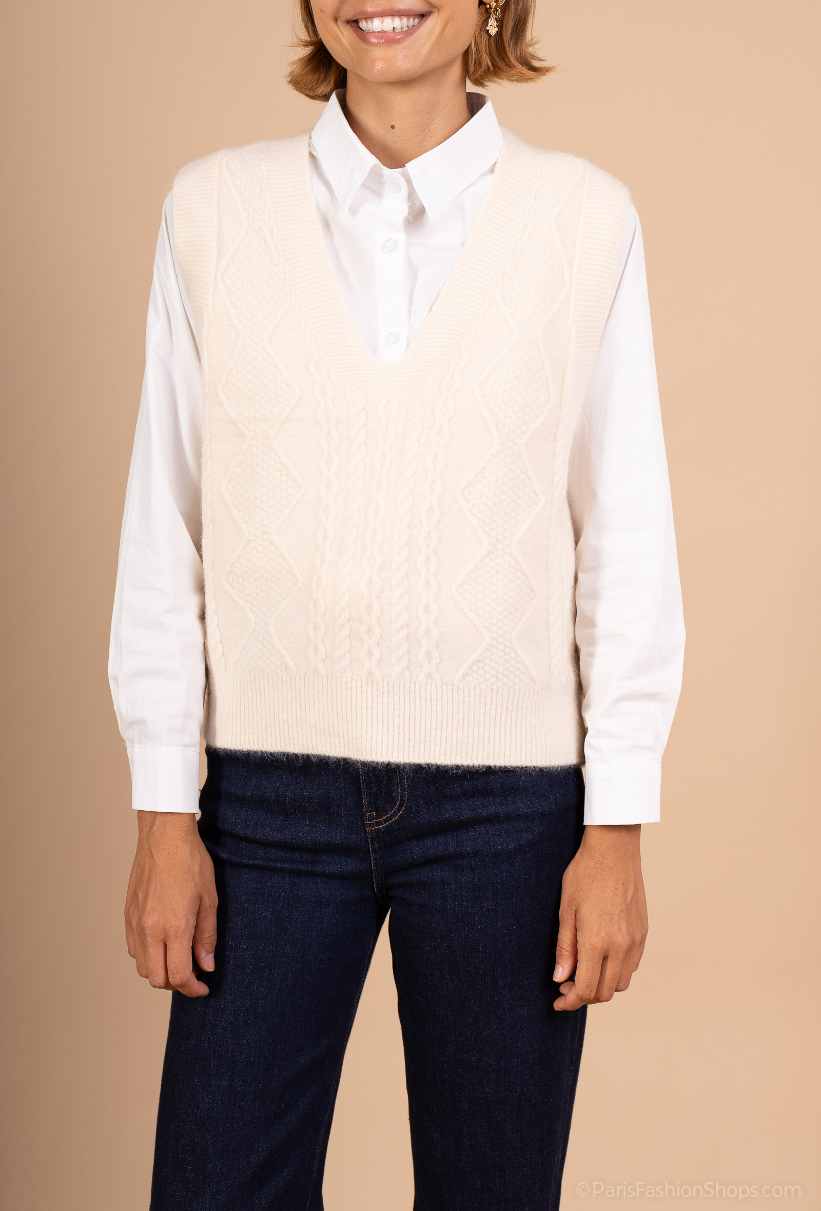 Pull maille torsadé à col V, sans manche