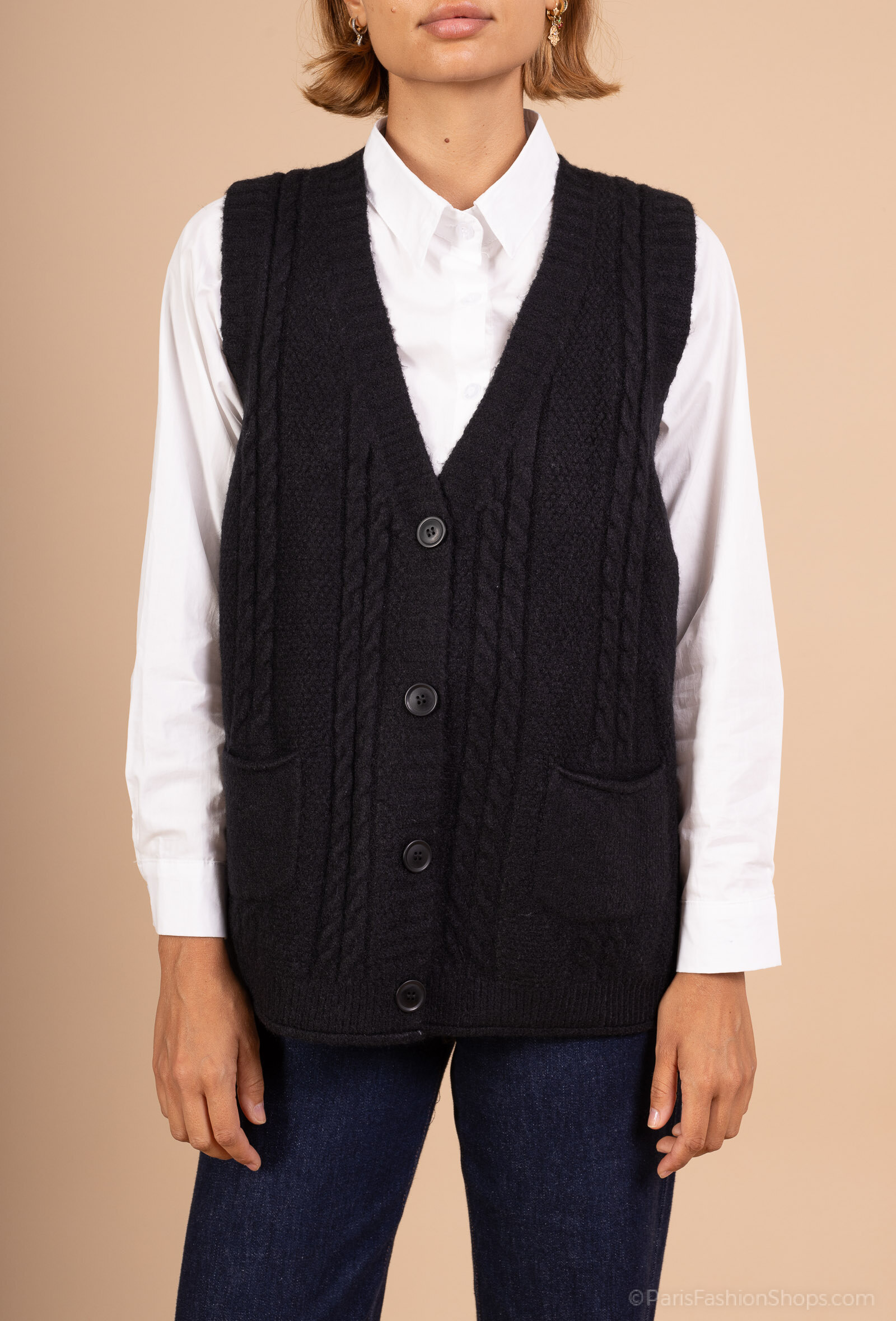 Pull torsadé à col V, sans manche, fermeture boutonnée, avec poches