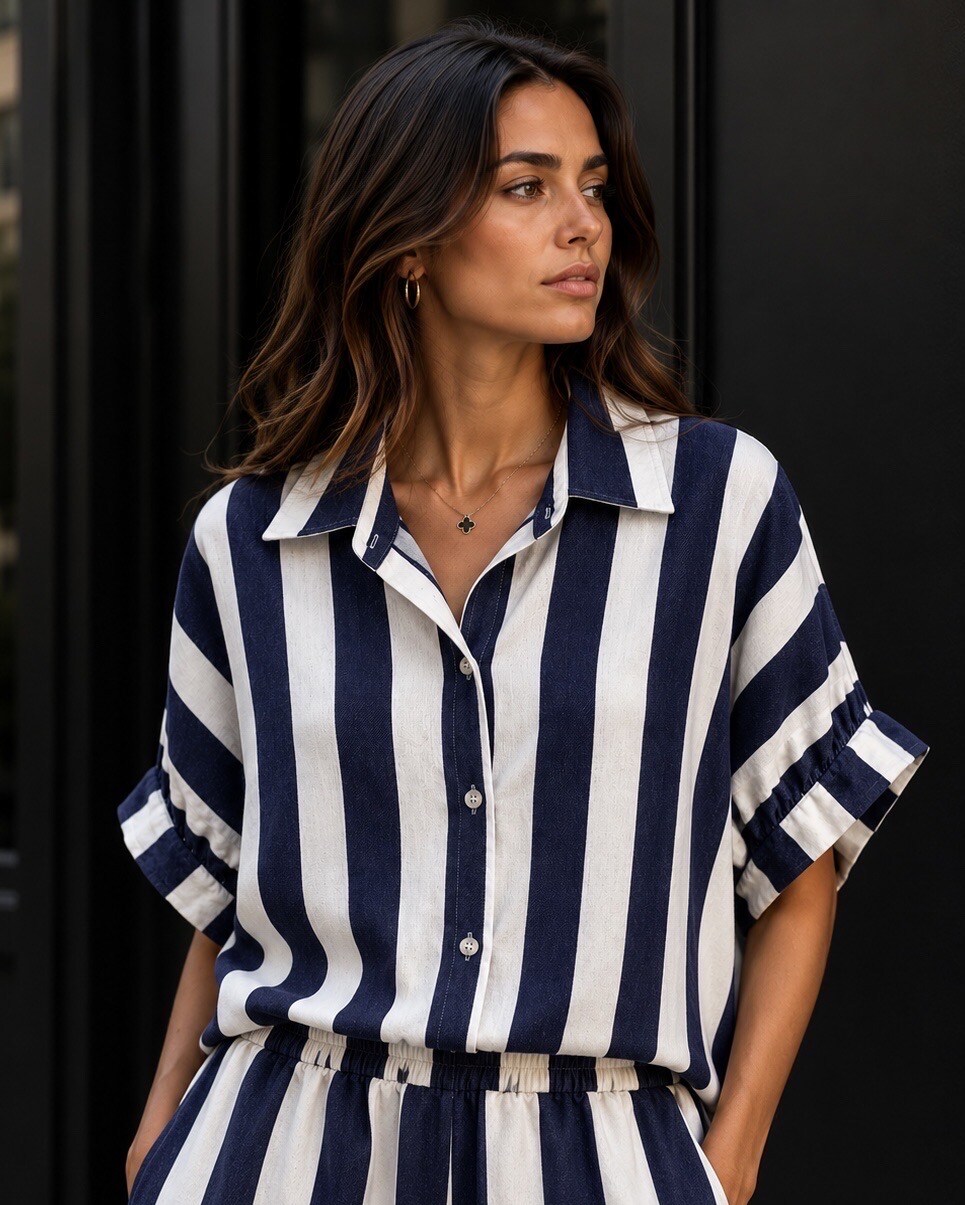Mayorista LOVIKA - Camisa a rayas oversize con mangas remangadas y cuello abierto relajado