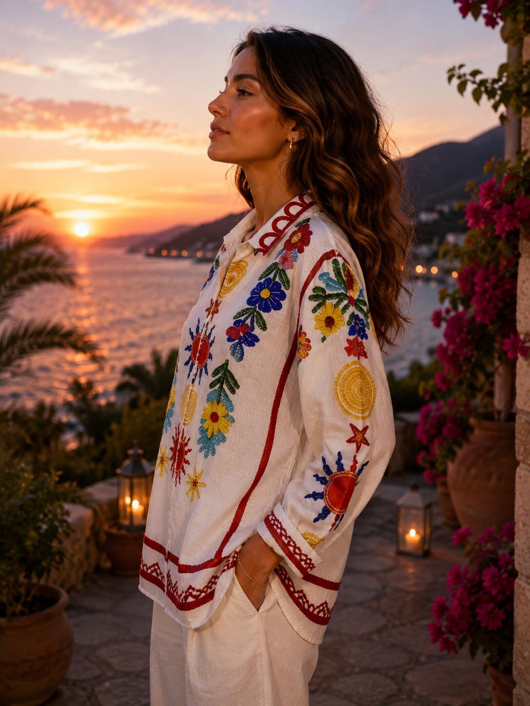 Grossista LOVIKA - Camicia Bianca Bohémien con Ricami di Sole, Fiori Colorati e Dettagli Folk Rossi