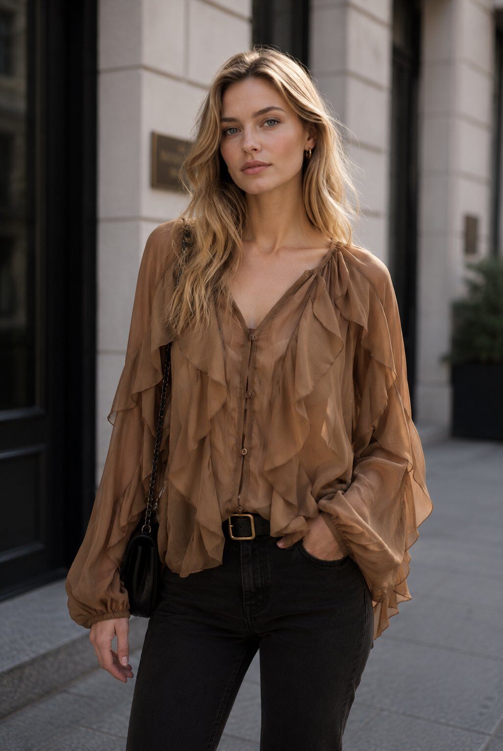 Mayorista LOVIKA - Blusa fluida con volantes en gasa transparente, mangas largas abullonadas y cuello en V femenino